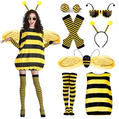 Bienenkostüm Erwachsene Damen Bienen Kostüm Kleid Flügel Haarreif Handschuhe Socken Ohrringe Brille Karneval Kostüm Biene Damen Biene Bienen Kostüm Damen Kleidung Faschingskostüm Verkleidung 52-56 von ATOWORLD