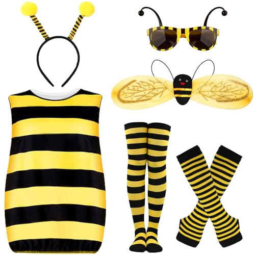 Bienenkostüm Erwachsene Damen mit Bienen Kostüm Kleid Flügel Haarreif Handschuhe Beinsocken Brille Karneval Kostüm Bienen Biene Kostüm Damen kleidung für Hummel Faschingskostüm Damen Verkleidung (M) von ATOWORLD