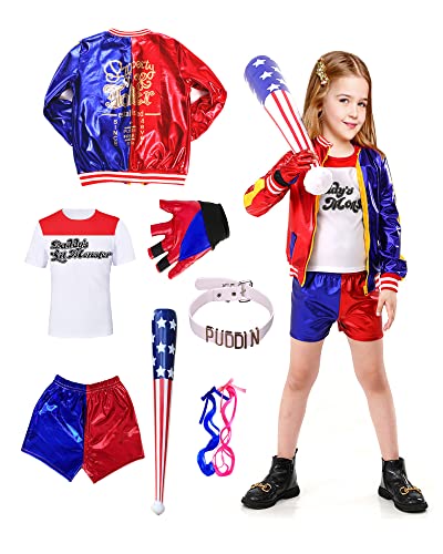 ATOWORLD Quinn Kostüm Kinder Mädchen 122 128 134 Halloween Kostüm Kinder Cosplay mit Quinn Jacke Tshirt Hose Baseballschläger Handschuhe Halskette Harlekin kostüm kinder（130cm von ATOWORLD