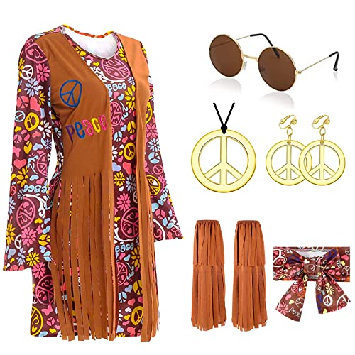 70er Jahre Hippie Kostüm Damen Set mit 70er Jahre Bekleidung Damen Kleid & Hippie Kleidung Damen zubehör 60er 70er Outfits Kleid Mädchen Damen Disco Halloween Faschingskostüme für Karneval(M) von ATOWORLD