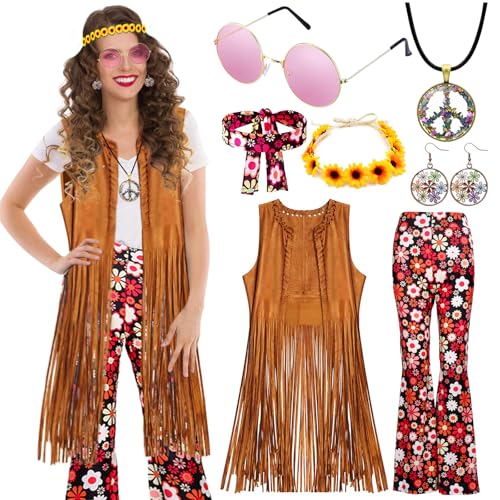 Hippie Kostüm Damen Set mit Fransen Weste ärmellose 70er Jahre Damenhose Hippie Kleidung Damen Accessoires 60er 70er Hippie Bekleidung Damen Disco Outfit Cowgirl kostüm Damen für Fasching Karneval XXL von ATOWORLD