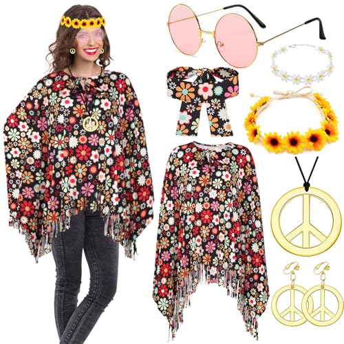 Hippie Kostüm Damen Set mit Hippie Poncho Damen und Zubehör Karneval Fasching Hippie Kleidung Damen Boho Flower Power 60er 70er Jahre Bekleidung Damen Frau Cowgirl Kostüm Poncho Disco Outfit Damen von ATOWORLD