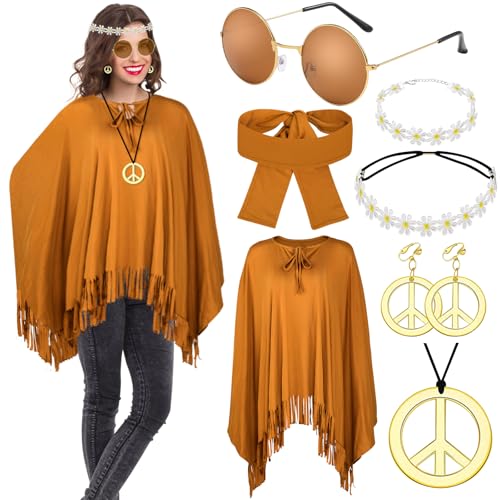 Hippie Kostüm Damen Set mit Hippie Poncho Damen und Zubehör Karneval Fasching Hippie Kleidung Damen Boho Flower Power 60er 70er Jahre Bekleidung Damen Frau Cowgirl Kostüm Poncho Disco Outfit Damen von ATOWORLD