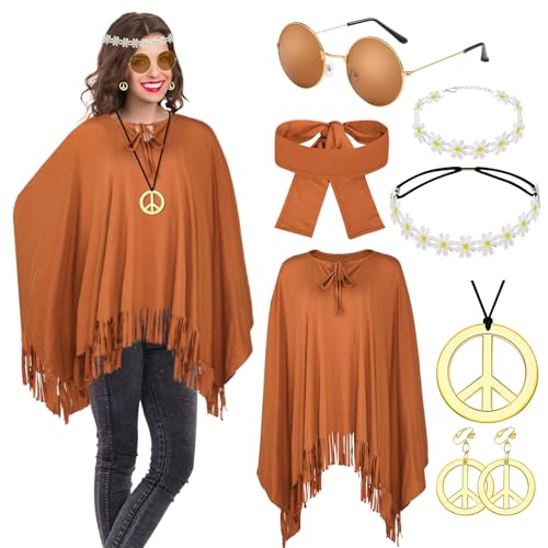 Hippie Kostüm Damen Set mit Hippie Poncho Damen und Zubehör Karneval Fasching Hippie Kleidung Damen Boho Flower Power 60er 70er Jahre Bekleidung Damen Frau Cowgirl Kostüm Poncho Disco Outfit Damen von ATOWORLD