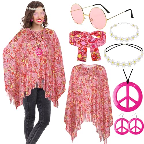 Hippie Kostüm Damen Set mit Hippie Poncho Damen und Zubehör Karneval Fasching Hippie Kleidung Damen Boho Flower Power 60er 70er Jahre Bekleidung Damen Frau Cowgirl Kostüm Poncho Disco Outfit Damen von ATOWORLD