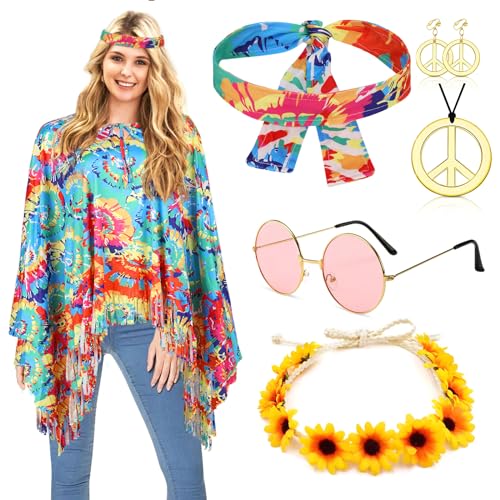 Hippie Kostüm Damen Set mit Hippie Poncho Damen und Zubehör Karneval Faschingskostüme Damen Hippie Kleidung Damen Boho Flower Power 60er 70er Jahre Bekleidung Damen Frau 70er Mode Disco Outfit Damen von ATOWORLD