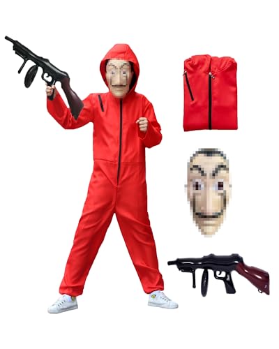 Kombination aus Bankaufieb Kostüm, Overall Dieb rot, Kinder, 10 – 12 Jahre (140 cm) Overall rot mit Kapuze mit Maske Karneval Mädchen Jungen Karneval Kostüm Halloween von ATOWORLD