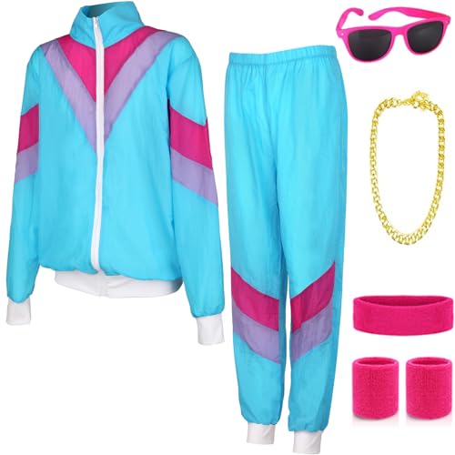 90er 80er Jahre Outfit Herren Mottoparty Neon Kostüm 80er Jahre Trainingsanzug Jacke Hose Anzug Accessoire 80er Jahre Kleidung Herren Partner Karneval Kostüm Bad Taste Party Kostüme 80iger XXL von ATOWORLD