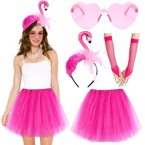 Flamingo Kostüm Damen mit Flamingo Haarreif Pinker Tüllrock Handschuhe Herzbrille Fasching Kostüm Flamingo Damen karneval Flamingo Kaarschmuck Kopfschmuck Flamingo Outfit Kleid Erwachsene Damen von ATOWORLD