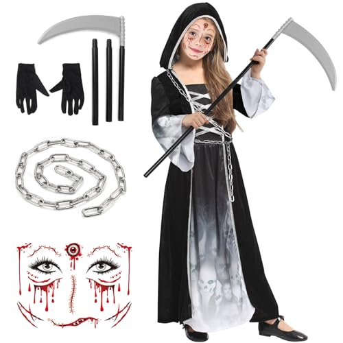 Sensenmann Kostüm Mädchen Kinder 122-134 Gruselig Halloween Kostüm Sensenmann Kinder mit Sense Handschuhen Ketten Aufkleber Scream Reaper Kostüm Kinder Schwarzer Sensenmann Umhang mit Kapuze Halloween von ATOWORLD