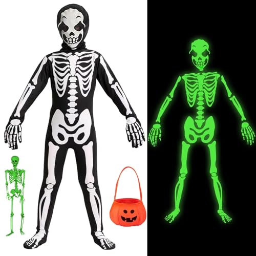 Skelett Kostüm Kinder Leuchtend 110 116 122 mit Tasche Halloween Kostüm Kinder Skelett Junge Mädchen Glow in the Dark Kostüm Skelett kinder Jumpsuit Anzug Kleidung Geister Skelettkostüm für Kinder von ATOWORLD