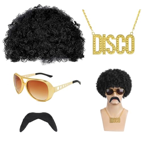 ATSNOSH 4er Set Afro Perücke Herren, 70er 80er Jahre Outfit Herren, Afro Perücke, Hippie Kostüm Set, Disco Hippie Accessoires, für Cosplay, Kostümfeste, Halloween,Thema Party (Schwarz) von ATSNOSH