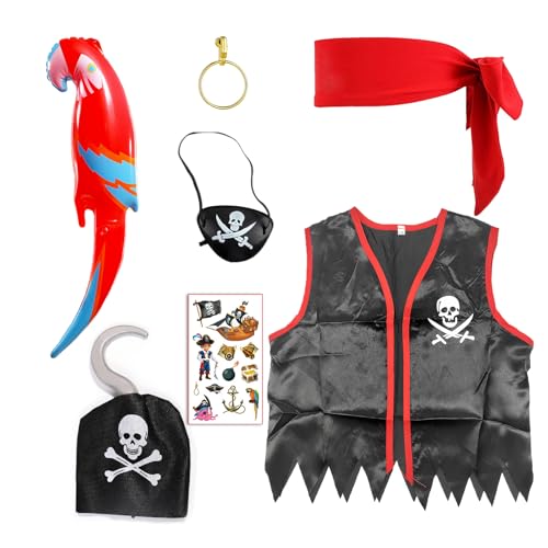 ATSNOSH 7-Teilig Piraten Kostüm Zubehör, Piraten-Rollenspiel-Kits für Jungen und Mädchen, Partei Piratenkostüm, Piratenparty Deko, für Fasching Karneval Cosplay Halloween Geburtstag (7-Teilig) von ATSNOSH