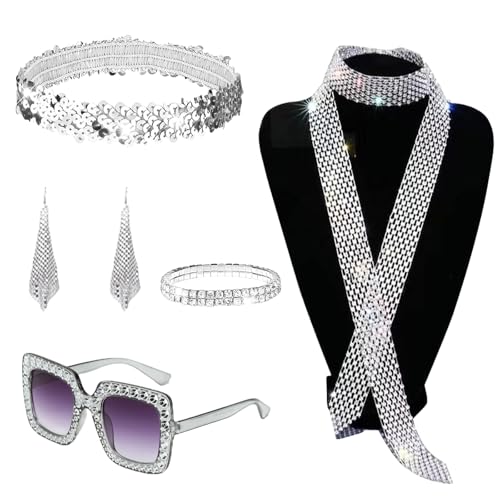 ATSNOSH Glitzer Disco Accessoires, 70er Jahre Fancy Dress Zubehör für Damen, Pailletten Schal Ohrringen Sonnenbrille Armband Stirnband, Disco Kostüm Set, für Thema Party Karneval (5 Stück) von ATSNOSH