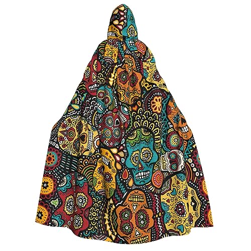 ATTOUD Sugar Skulls Print Halloween Full Length Hooded Cloak Cape Perfect for Cosplay, Costumes Dramatic Events von ATTOUD