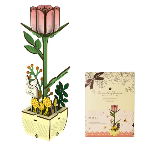 AUAUY 3D Puzzle Blumen Blumenstrauß Hölzerne Blüte Handwerk Modell Kits für Erwachsene Ewige Blumen, Romantisches Geschenk für Ihren Geburtstag/Valentinstag/Muttertag, DIY Zuhause Geschenke-Rosa von AUAUY