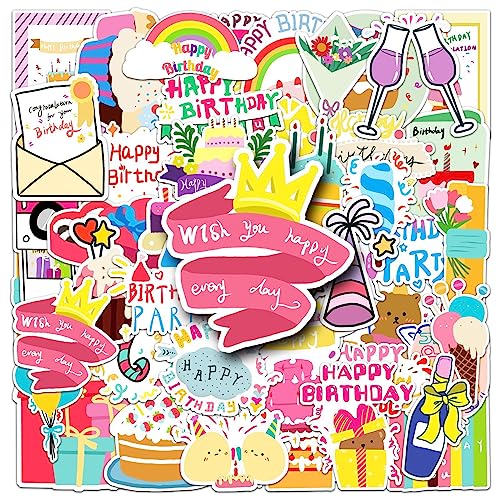 50 Stück Alles Gute zum Geburtstag Aufkleber Pack Happy Birthday Sticker Set Wasserdichte Vinyl Sticker für Laptop Kinder Autos Motorrad Fahrrad Skateboard Gepäck Koffer Aufkleber Graffiti Decal von AUCEKO