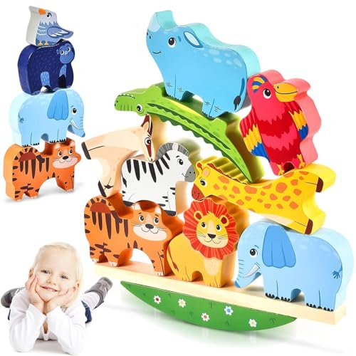 AUEJACKY Montessori Holzspielzeug ab 2 3 4 5 Jahren,Stapelspiel Holzspielzeug, Tiere zum Stapeln, Balancespiel Feinmotorik Lernspielzeug Taufe Geschenke für Baby Kleinkinder von AUEJACKY