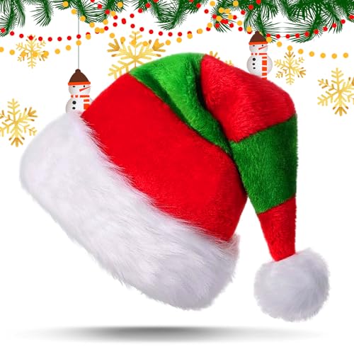 AUEJACKY Weihnachtsmann Mützen,Christmas Hat Weihnachtsmütze,Unisex Plüsch Nikolausmützen,Weihnachtsmütze rote und grüne Streifen,Weihnachts-Party-Dekorationen von AUEJACKY