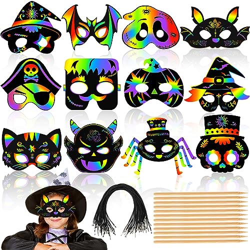 AUGSUN Halloween Basteln Kinder, 36 Stück Halloween Maske Kinder Halloween Regenbogen Kratzmasken Scratch Art Masken Halloween Kratzbilder für Halloween Partyspiele von AUGSUN