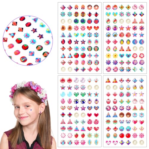 AUGSUN Sticker-Ohrringe, 240 Stück, zum Aufkleben, Ohrringe für kleine Mädchen und Kinder, Selbstklebende Klebeohrringe, 3D-Glitzer-Edelsteine, Bastel-Kristallaufkleber von AUGSUN