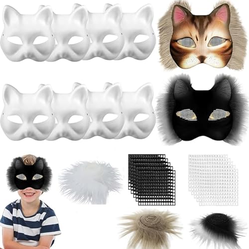 AUNGCSHE 10 Stück Katzenmasken zum Bemalen, DIY katzenmaske Therian Mask mit Kuns Fell und Eye Mesh, Therian Stuff für Halloween, Karneval, Maskerade, Party Cosplay von AUNGCSHE