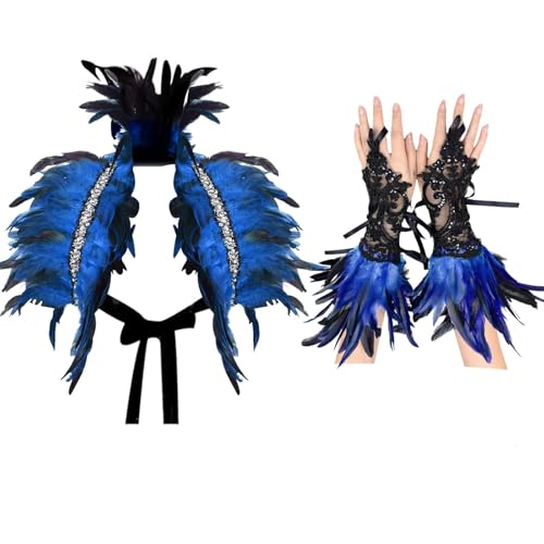 AUNGCSHE 3 Stuck Feder kostüm Set , Gothic Federkragen, Spitze Feder Handschuhe, Federumhang, Feder Manschetten Geeignet für Karneval, Ostern Gotische Kleiderparty(Blau) von AUNGCSHE