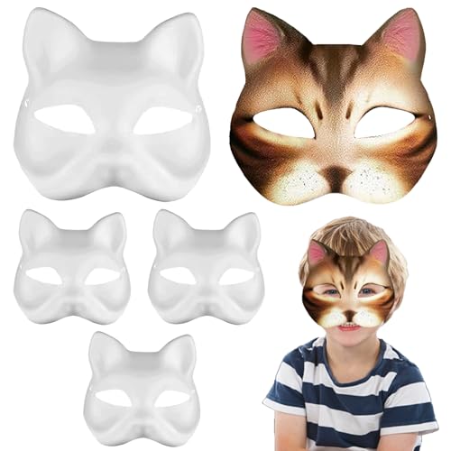 AUNGCSHE 5 Stück DIY Katzen Masken zum Bemalen, Therian Mask, Katzen weiße Maske Handgemalte Maske Maskenball Party Maske für Karneval, Cosplay, Halloween Party Frau Mädchen von AUNGCSHE