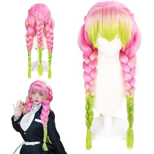 AUNGCSHE Anime Kanroji Mitsuri Wig, Rosa Grün Perücke Charakter Verkleiden Lange geflochtene Perücke Passend, Mitsuri Cosplay Wig für Mädchen Halloween Karneval Kostüm Party von AUNGCSHE