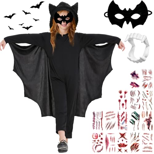 AUNGCSHE 18 Stück Fledermaus Kostüm Kinder, S/M/L/XL, Halloween Fledermaus Umhang mit Hut, Vampirzähne, Bat Maske, Halloween Tattoo, für Mädchen Jungen Halloween Cosplay Fasching Karneval (L) von AUNGCSHE