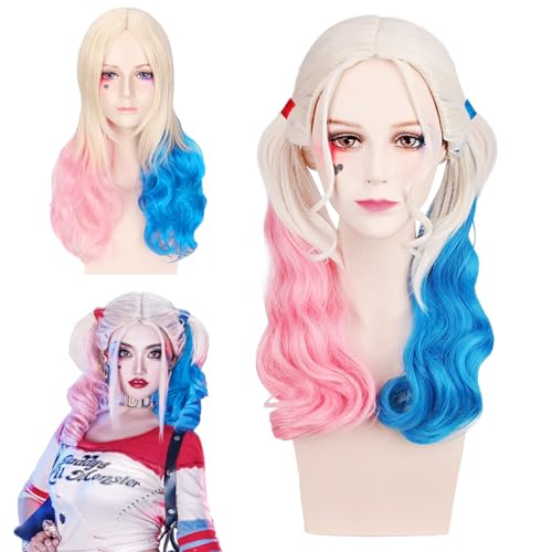 AUNGCSHE Harley Quinn Mädchen Wig, Rosa und Blau Mit Zwei Pferdeschwänzen, Kinder Selbstmord Squad, Harley Quinn Cosplay Wig für Mädchen Halloween Karneval Kostüm Party von AUNGCSHE