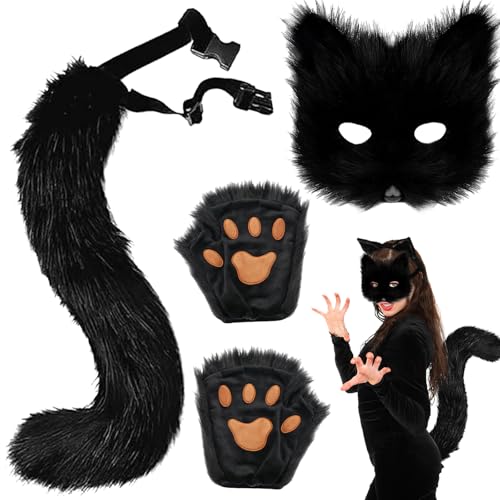 AUNGCSHE 3 Stück Pelzige Fuchs Maske, Therian Tail, Handschuhe, Karneval Mask Ostern Halloween Party Cosplay Kostüm Zubehör Set für Frau Mädchen Kinder Erwachsene (Schwarz) von AUNGCSHE