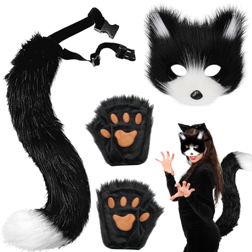 AUNGCSHE 3 Stück Pelzige Fuchs Maske, Therian Tail, Handschuhe, Karneval Mask Ostern Halloween Party Cosplay Kostüm Zubehör Set für Frau Mädchen Kinder Erwachsene (Schwarz Weiß) von AUNGCSHE