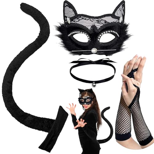 AUNGCSHE 5 Stück Spitze Fuchs Maske, Therian Tail, Choker Fingerless Fishnet Gloves, Karneval Mask Ostern Halloween Party Cosplay Kostüm Zubehör Set für Frau Mädchen Kinder Erwachsene (Spitze) von AUNGCSHE