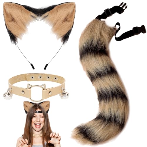 AUNGCSHE Katzenohren Haarreif Set, Katzenohr Stirnband, Halskette, Katzenschwanz, Katzenohren Haarreif Damen Ostern Halloween Party Karneval Cosplay Zubehör für Frau Mädchen (Gelb und Schwarz) von AUNGCSHE