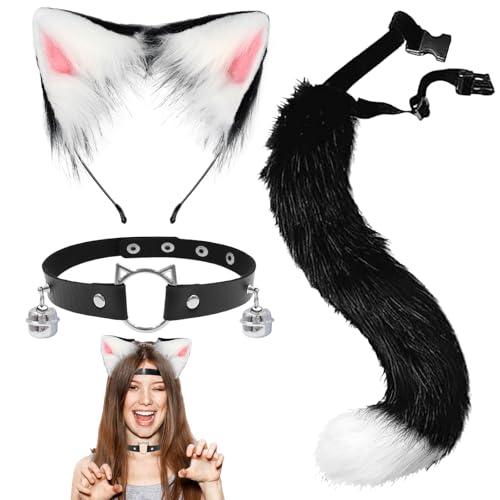 AUNGCSHE Katzenohren Haarreif Set, Katzenohr Stirnband, Halskette, Katzenschwanz, Katzenohren Haarreif Damen, Cosplay Zubehör für Karneval Ostern Halloween Party (Schwarz + Weiß) von AUNGCSHE