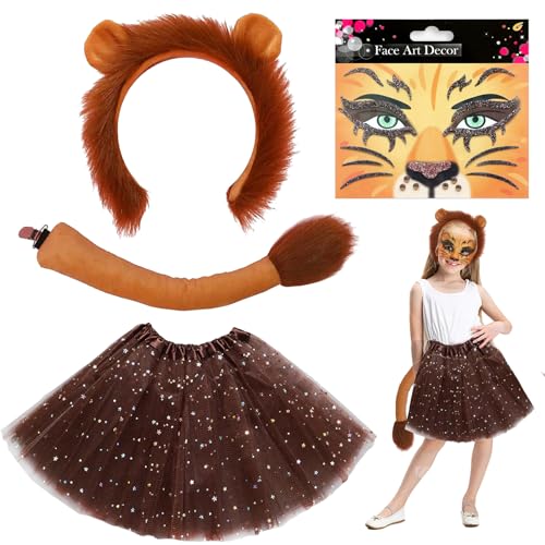 AUNGCSHE 4-teiliges Tierkostüm Kinder, Löwe Kostüm, Mädchen Tutu Rock mit Tier Löwe Stirnband, Löwe Gesicht Kunst Tattoo, Löwe Kostüm Set für Karneval Fasching Halloween Cosplay Party (Löwe) von AUNGCSHE