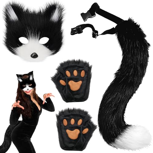 AUNGKWANG 3 Stück Schwarz-Weiße Pelzige Fuchs Maske, Schwanz und Pfoten Handschuhe Set, Cosplay Kostüm Zubehör für Halloween Weihnachten Karneval Party Verkleiden für Kinder und Erwachsene von AUNGKWANG