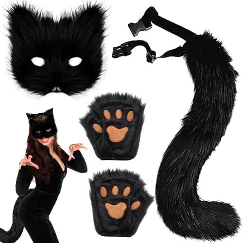 AUNGKWANG 3 Stück Schwarz Pelzige Fuchs Maske, Schwanz und Pfoten Handschuhe Set, Cosplay Kostüm Zubehör für Halloween Weihnachten Karneval Party Verkleiden für Kinder und Erwachsene von AUNGKWANG