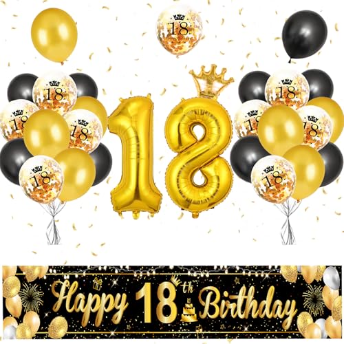 AUNGKWANG 18 Geburtstag Deko, 18. Geburtstag Deko Luftballons Geburtstag, Luftballons 18 Geburtstag Schwarz Gold, Deko 18. Geburtstag Hintergrund Ballons Schwarz Gold Für Jungen Mädchen Party Deko von AUNGKWANG