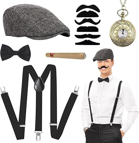 AUNGKWANG 20er Jahre Kostüm Herren Accessoires, Peaky Blinders Kostüm, 1920er Jahre Mafia Kostüm Herren mit Gangster Panamahut Hosenträger Taschenuhr Bärte Fliege für Halloween Kostüm Party Cosplay von AUNGKWANG