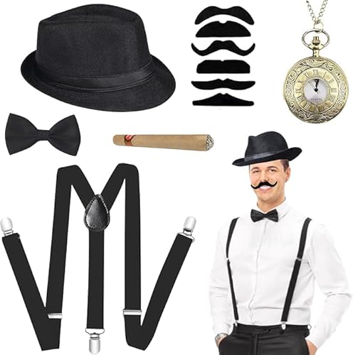 AUNGKWANG 20er Jahre Kostüm Herren Accessoires, Peaky Blinders Kostüm, 1920er Jahre Mafia Kostüm Herren mit Gangster Panamahut Hosenträger Taschenuhr Bärte Fliege für Halloween Kostüm Party Cosplay von AUNGKWANG