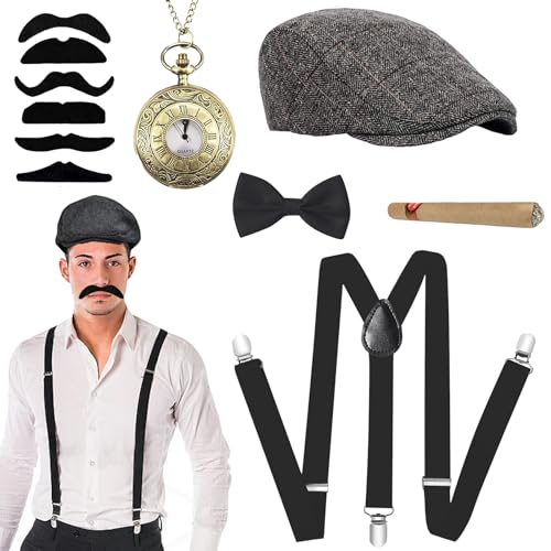 AUNGKWANG 20er Jahre Kostüm Herren Accessoires, Peaky Blinders Kostüm, 1920er Jahre Mafia Kostüm Herren mit Gangster Panamahut Hosenträger Taschenuhr Bärte Fliege für Halloween Kostüm Party Cosplay von AUNGKWANG