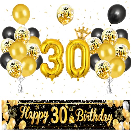 AUNGKWANG 30 Geburtstag Deko, 30. Geburtstag Deko Luftballons Geburtstag, Luftballons 30 Geburtstag Schwarz Gold, Deko 30. Geburtstag Hintergrund Ballons Schwarz Gold Für Jungen Mädchen Party Deko von AUNGKWANG