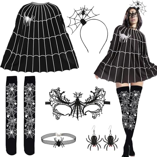 AUNGKWANG 6 Stück Spinne Kostüm Damen, Halloween Kostüm Damen, Halloween Kostüm Spinne, Spinne Maske, Spinne Haarreifen, Spinnennetz Poncho, für Halloween, Karneval, Maskerade, Mottoparty. von AUNGKWANG