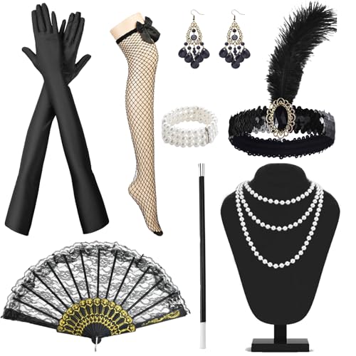 AUNGKWANG 8 Stück 1920er Jahre Kostüm Damen, 20er Jahre Accessoires, Party Accessoires, Great Gatsby Outfit Accessoires, Kopfschmuck, Handschuhe, Perlenkette, Armband, Ohrringen, FaltfäCher von AUNGKWANG