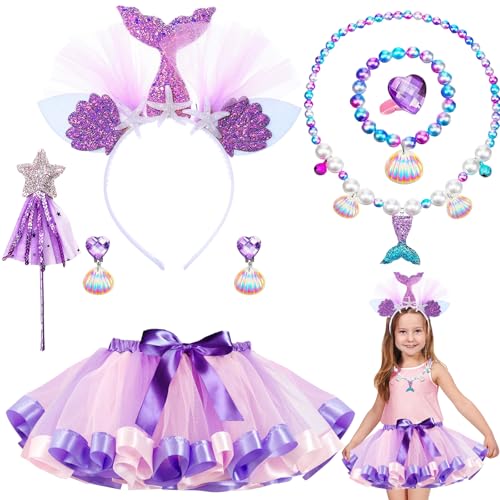 AUNGKWANG 8 Stück Meerjungfrau Kostüm Kinder, Meerjungfrau Geschenke Mädchen Set, Rapunzel Kostüm Kinder, Fasching Kostüm Kinder Mädchen für Weihnachten Verkleidung Cosplay Halloween (Lila) von AUNGKWANG