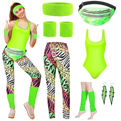 AUNGKWANG 80er 90er Jahre Outfit Damen, 80er Jahre Outfit Damen Mottoparty mit Leggings, 80er Jahre Accessoires, Beinwärmer, Gürteltasche, für Neon Thema Party Karneval Damen Frauen (Leuchtendes Grün) von AUNGKWANG