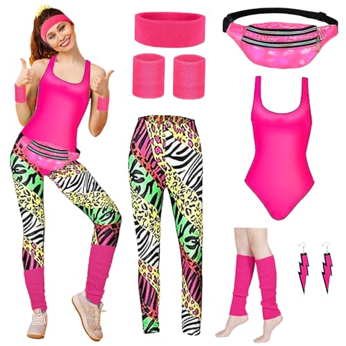 AUNGKWANG 80er 90er Jahre Outfit Damen, 80er Jahre Outfit Damen Mottoparty mit Leggings, 80er Jahre Accessoires, Beinwärmer, Gürteltasche, für Neon Thema Party Karneval Damen Frauen von AUNGKWANG