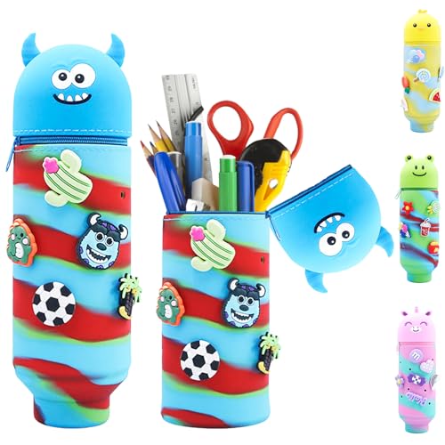 AUNGKWANG Blau Kawaii Federmäppchen, Monster 2-in-1 weichem Silikon Stifthalter, mit 5 Crocs Anstecker, Cartoon Bleistifthalter, Teleskopisc Federtasche für Mädchen Teen Geschenk von AUNGKWANG